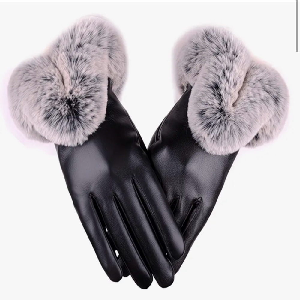 Elegant Black Faux Vegan Leather Winter Touchscreen Gloves with Faux Fur Trim
